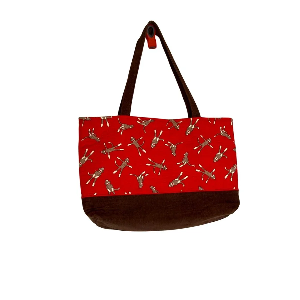 Handmade Sock Monkey Tote Bag, Red Brown Corduroy Bottom,‎ Organizer, Cute